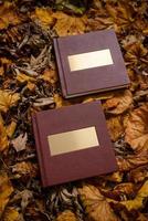 livre en cuir marron avec une plaque signalétique dorée sur fond de feuilles marron. place pour le texte. livre photo de mariage.