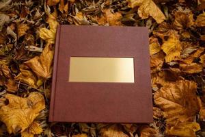 livre en cuir marron avec une plaque signalétique dorée sur fond de feuilles marron. place pour le texte. livre photo de mariage.