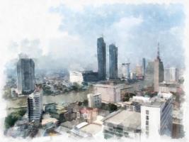 paysage de grands immeubles et de rues à bangkok illustration de style aquarelle peinture impressionniste. photo