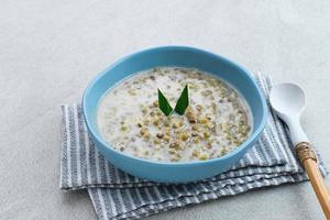 bouillie de haricots mungo ou bubur kacang hijau, bouillie dessert indonésienne de haricots mungo avec lait de coco, feuille de pandan et gingembre. servi dans un bol. photo