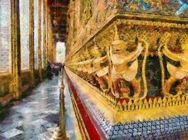 le temple de phra kaew et les illustrations du grand palais de bangkok créent un style de peinture impressionniste. photo