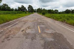 Route asphaltée endommagée avec des nids de poule photo