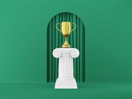 colonne de podium abstrait avec un trophée d'or sur le fond vert avec arche. le piédestal de la victoire est un concept minimaliste. rendu 3d. photo