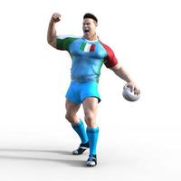 Illustration 3d d'un joueur de rugby italien alors qu'il pompe l'air en signe de célébration après avoir marqué un essai et remporté le match de rugby du championnat. un personnage de rugby stylisé avec des traits de super-héros. photo