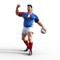 Illustration 3d d'un joueur de rugby français alors qu'il pompe l'air en signe de célébration après avoir marqué un essai et remporté le match de rugby du championnat. un personnage de rugby stylisé avec des traits de super-héros.