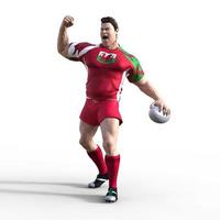 Illustration 3d d'un joueur de rugby gallois alors qu'il pompe l'air en signe de célébration après avoir marqué un essai et remporté le match de rugby du championnat. un personnage de rugby stylisé avec des traits de super-héros. photo