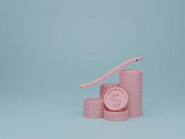 piles de flèches et de pièces sur fond rose. succès financier de croissance et concept d'entreprise d'investissement. illustration de rendu 3d photo