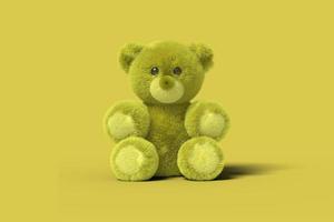 l'ours en peluche jaune est assis sur le sol sur un fond jaune. image abstraite. entreprise de jouets de concept minimal. rendu 3D. photo