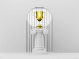 colonne de podium abstraite avec un trophée d'or sur l'arc de fond blanc avec curtian blanc. le piédestal de la victoire est un concept minimaliste. rendu 3d. photo