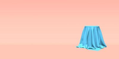 podium, piédestal ou plate-forme recouvert de tissu bleu sur fond rose. illustration abstraite de formes géométriques simples. rendu 3d. photo