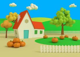 maison dans le champ de citrouilles sur le fond des prieurs d'automne. rendu 3d. paysage rural pittoresque avec récolte en style cartoon. photo