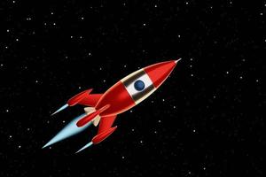 toy space rocket couleurs rouge et blanc vole sur un fond de ciel étoilé. illustration de science-fiction. rendu 3d. photo