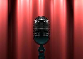 microphone vintage sur scène avec des rideaux rouges. l'éclairage de scène de mauvaise humeur crée du drame et du suspense. photo