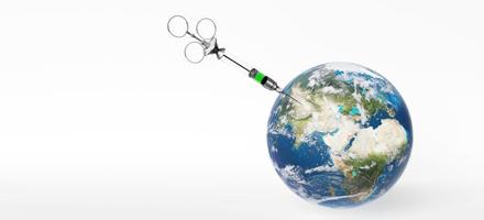 seringue médicale avec une aiguille a vacciné la planète terre. rendu 3d. éléments de cette image fournis par la nasa. photo