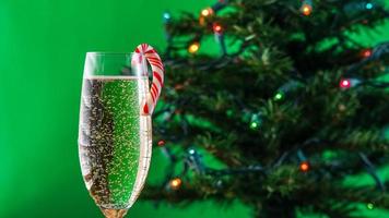 verre avec du vin mousseux et des bonbons à la menthe poivrée et avec un sapin de noël photo