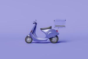 scooter de livraison avec boîte de nourriture sur fond bleu photo