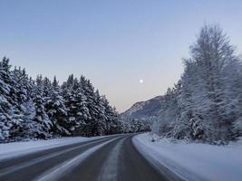 conduire la nuit à travers les montagnes et les forêts en norvège. photo