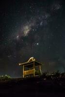 la galaxie de la voie lactée s'élève au-dessus du bois de la maison photo