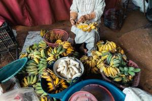 banane cultivée pour la transformation, banane dans la main du vendeur photo