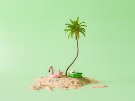 île de plage de sable avec palmier et flotteur de flamants roses photo