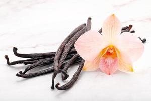 bâtons de vanille séchés et fleur d'orchidée mis en place sur fond de marbre. photo