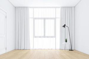 chambre vide avec fenêtres et rideaux blancs, parquet. rendu 3d photo