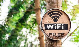 message wifi gratuit sur panneau rond en bois et panneau dans le jardin extérieur du café. photo