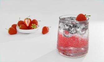 le nectar de fraise sans alcool avec du soda ne mélange pas l'alcool. les fraises fraîches dans une tasse en céramique sont dans le flou d'arrière-plan sur le fond et le papier peint blanc. rendu 3d. photo