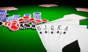 face de carte quinte flush royale dans le jeu de poker dans un casino ou des cartes de jeu en ligne et parier avec des jetons au lieu d'argent. all-in avec tous les paris. rendu 3d photo