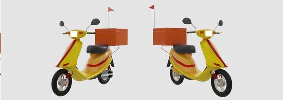 moto modèle jaune avec boîte orange et frag rouge pour la livraison de nourriture concept. isolé sur fond blanc et papier peint. rendu 3d. photo
