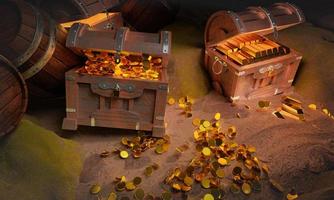 pièces d'or et cube dans le coffre au trésor ancien et vintage composé de panneaux de bois renforcés de métal doré et d'épingles dorées boîtes au trésor placées sur le sable dans une grotte ou un coffre au trésor sous l'eau. photo