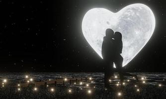 les amoureux de la silhouette s'embrassent romantiquement. pleine lune en forme de coeur et étoile pleine du ciel en arrière-plan. des lucioles volent au-dessus de l'herbe et de la surface de l'eau. propositions de romance et de mariage. rendu 3d