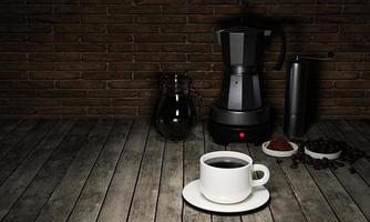 café noir dans une tasse blanche sur une table de planche. pot à moka et ensemble de mélangeur de café. le mur de briques rouges est du papier peint. rendu 3d. photo