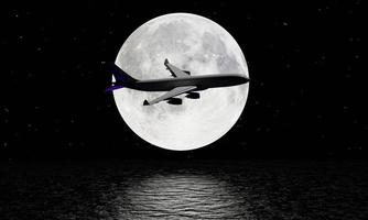 la silhouette d'un avion de passagers blanc a survolé la pleine lune et les étoiles pleines de ciel. l'avion a survolé la surface de la mer. la pleine lune se reflète sur la surface de la mer. rendu 3d photo
