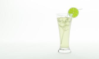 jus de citron dans un grand verre transparent avec des glaçons pour se rafraîchir et la paille blanche décorer les bords du verre avec une tranche de citron vert. isolé sur fond blanc et rendu 3d. photo