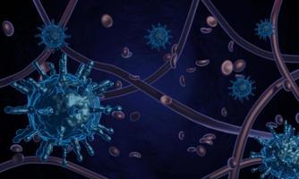 illustration médicale de l'infection par le coronavirus covid-19. cellules du virus covid de la grippe respiratoire pathogène de la chine. nouveau nom officiel de la maladie à coronavirus nommé covid-19. rendu 3d.