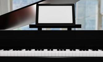 apprendre le piano en ligne par vous-même. utilisez une tablette ou un ordinateur pour apprendre des tutoriels de piano en ligne. le piano à queue noir a une tablette placée sur un support pour ordinateur portable. rendu 3d. photo
