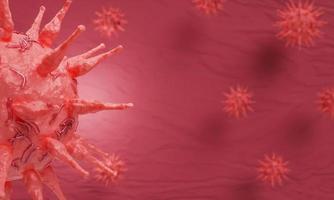 une image de virus ou un modèle rouge de coronavirus covid-19. le concept d'un virus se propage sur un fond rouge et accidenté. rendu 3d photo