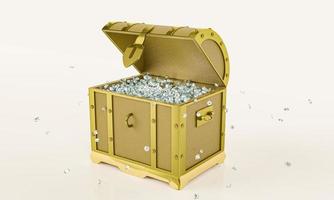 de nombreux diamants dans un coffre au trésor vintage doré sont utilisés pour la boîte de rangement des pierres précieuses. isolé sur fond blanc et papier peint. rendu 3D. photo