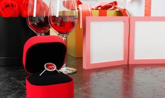 une bague en diamant rouge ou en zircon rouge entourée de petits diamants. dans une boîte rouge placée sur une surface de table en marbre. vin rouge un cadre photo vierge sur la table et une boîte-cadeau. rendu 3d