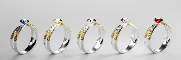 le gros diamant multicolore est entouré de nombreux diamants sur l'anneau en or platine posé sur un fond gris. élégante bague de mariage en diamant pour femme. rendu 3d photo