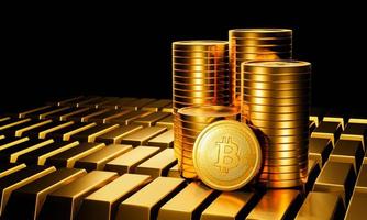 la pièce d'or a un symbole bitcoin. crypto-monnaie le format de pièce est empilé sur un fond noir. crypto-monnaies pour le commerce des matières premières, des affaires, de la technologie. rendu 3d. photo