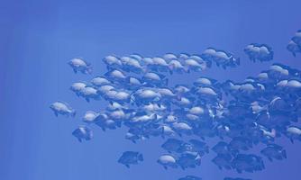 des nuées de poissons nagent en groupes, le cercle sous-marin brille. beaucoup de tilapias nagent en groupe ou en groupes. naturellement, sous l'eau, les troupeaux de poissons sont nourris pour se nourrir. rendu 3d. photo