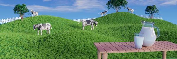 lait frais en verre transparent et pot à lait sur le sol en planche réfléchissante. les vaches des prairies d'un vert vif se promènent librement et aiment manger de l'herbe. ciel bleu clair avec des nuages blancs. rendu 3d photo