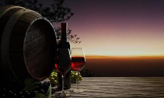 vin rouge en verre transparent, raisins rouges, raisins verts et cuve de fermentation de vin sur une table avec un plancher en bois ou une écorce d'arbre. l'image de fond était une montagne du matin. brouillard et soleil du matin rendu 3d photo