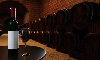 bouteille de vin rouge et verre transparent avec du vin rouge posé sur une table en bois avec de nombreuses cuves de fermentation de vin dans une cave placée près du mur de briques rouges. rendu 3d photo