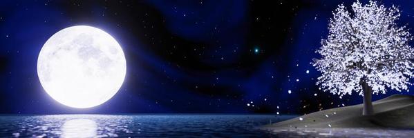 pleine lune bleue dans le ciel nocturne il y a des étoiles dans le ciel. super lune au milieu de la mer avec des reflets sur la surface de l'eau. les arbres fantastiques flous les feuilles rougeoyantes tombent. rendu 3d photo