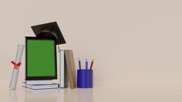 cadres photo maquettes pour félicitations à l'obtention du diplôme avec des livres et des robes, illustration de rendu 3d