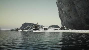 côte rocheuse de l'océan avec des montagnes et une belle plage de sable photo