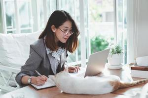 femme d'affaires asiatique tenant un stylo et utilisant un ordinateur portable sur le bureau. femme d'affaires travaille et joue avec un chat blanc sur la table photo